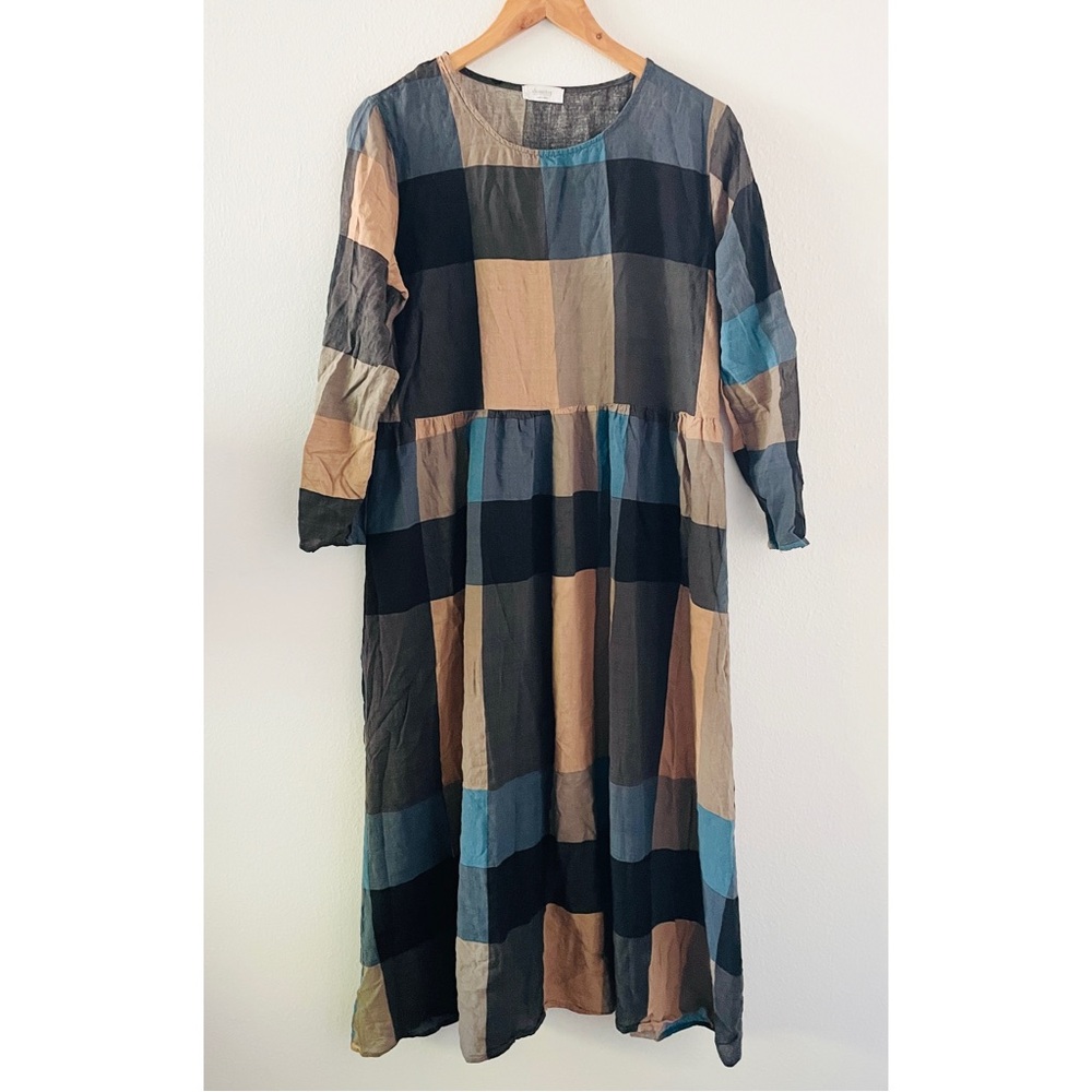 Classictoy Black Beige Blue Plaid Midi Dress